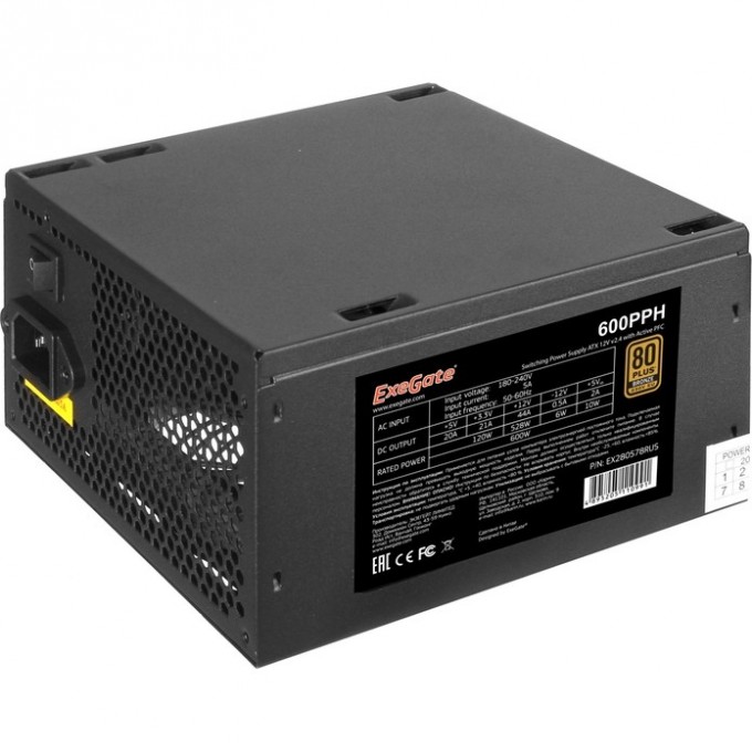 Блок питания 600W EXEGATE 80 PLUS® Bronze 600PPH-S-OEM ATX, APFC, КПД 85% EX282039RUS Блок питания 600W EXEGATE 80 PLUS® Bronze 600PPH-S-OEM ATX, APFC, КПД 85% EX282039RUS